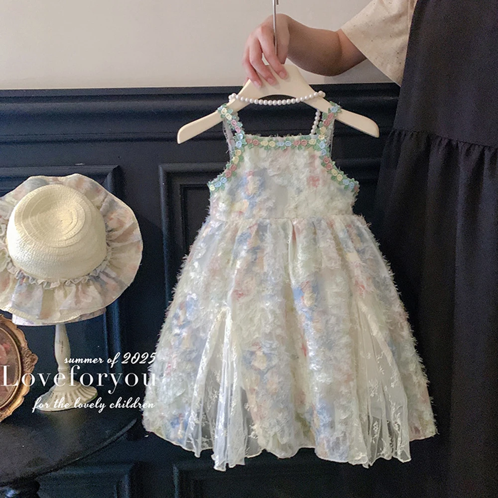 

Kids Girls Summer Princess Dress Embroidery Colorful Floral Sleeveless A-line Dress 2-10Y Children Leisure Tulle Dresses