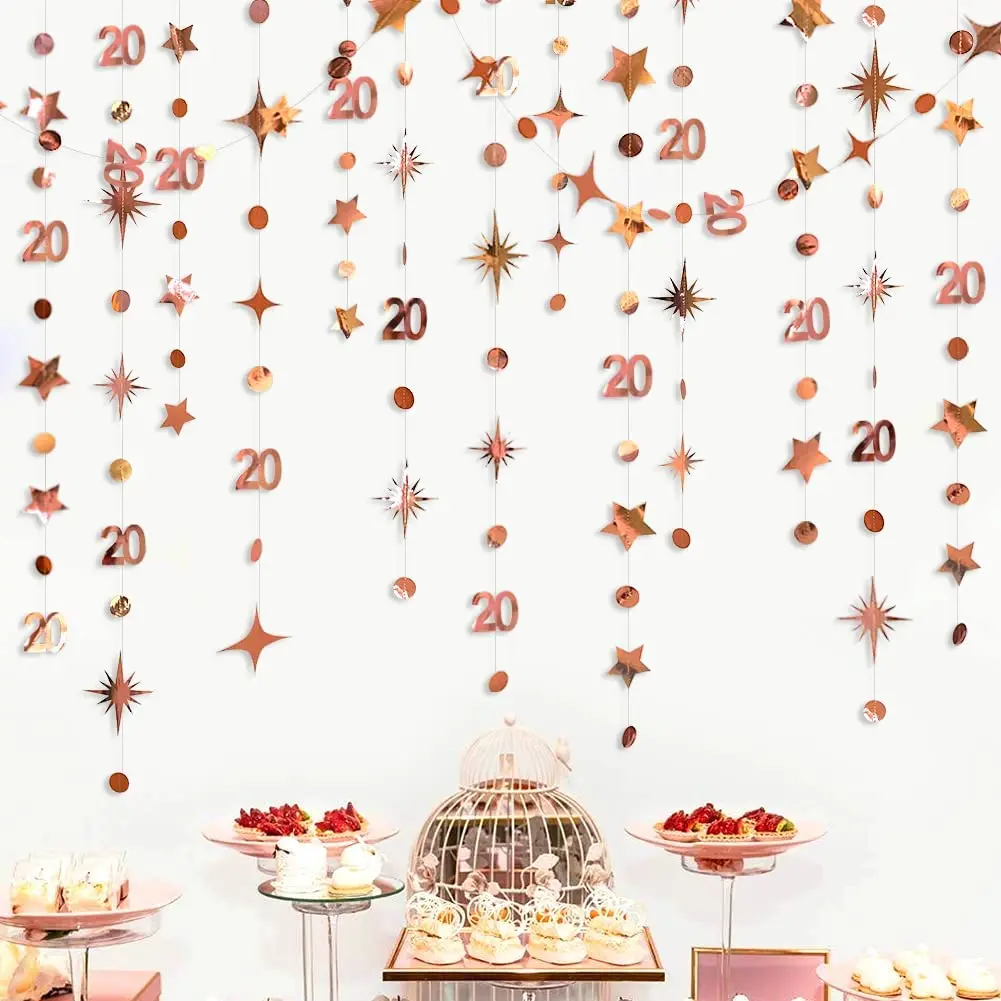 Rose Gold 20th Birthday Party Decoration Girls Happy Birthday 20 Year Old Circle Dot Twinkle Star Garland Paper Hanging Streamer