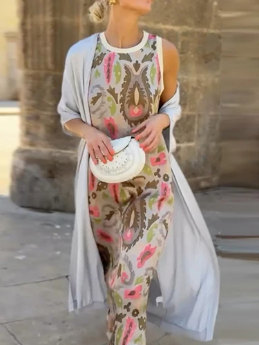 Traje de fiesta elegante de oficina para mujer, chaleco con cuello redondo, vestido largo + cárdigan, traje informal, nuevo estampado, conjunto de 2 piezas para vacaciones, otoño 2025