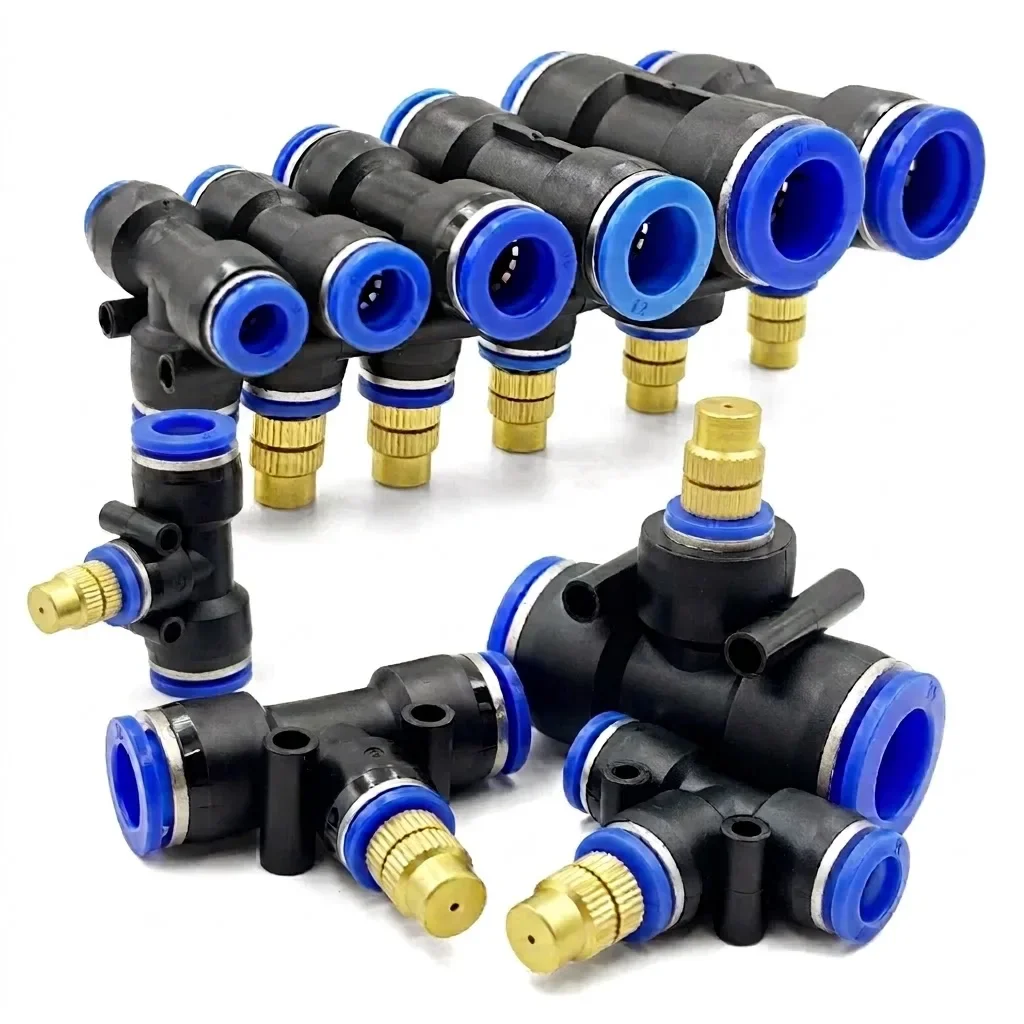 Adjustable Brass Misting Nozzle Sprayer with Tee Adapter for Outdoor Garden Irrigation Watering System Fits 6 8 10 12 14 16mm PE