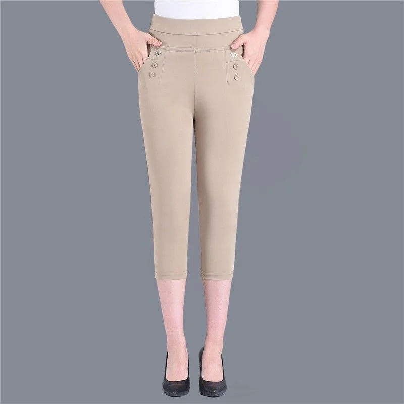 Women Capris Fashion High Waisted Stretch Skinny Pencil Pants Casual Slim Solid Color Calf Length Pants Summer Women\'s Breeches