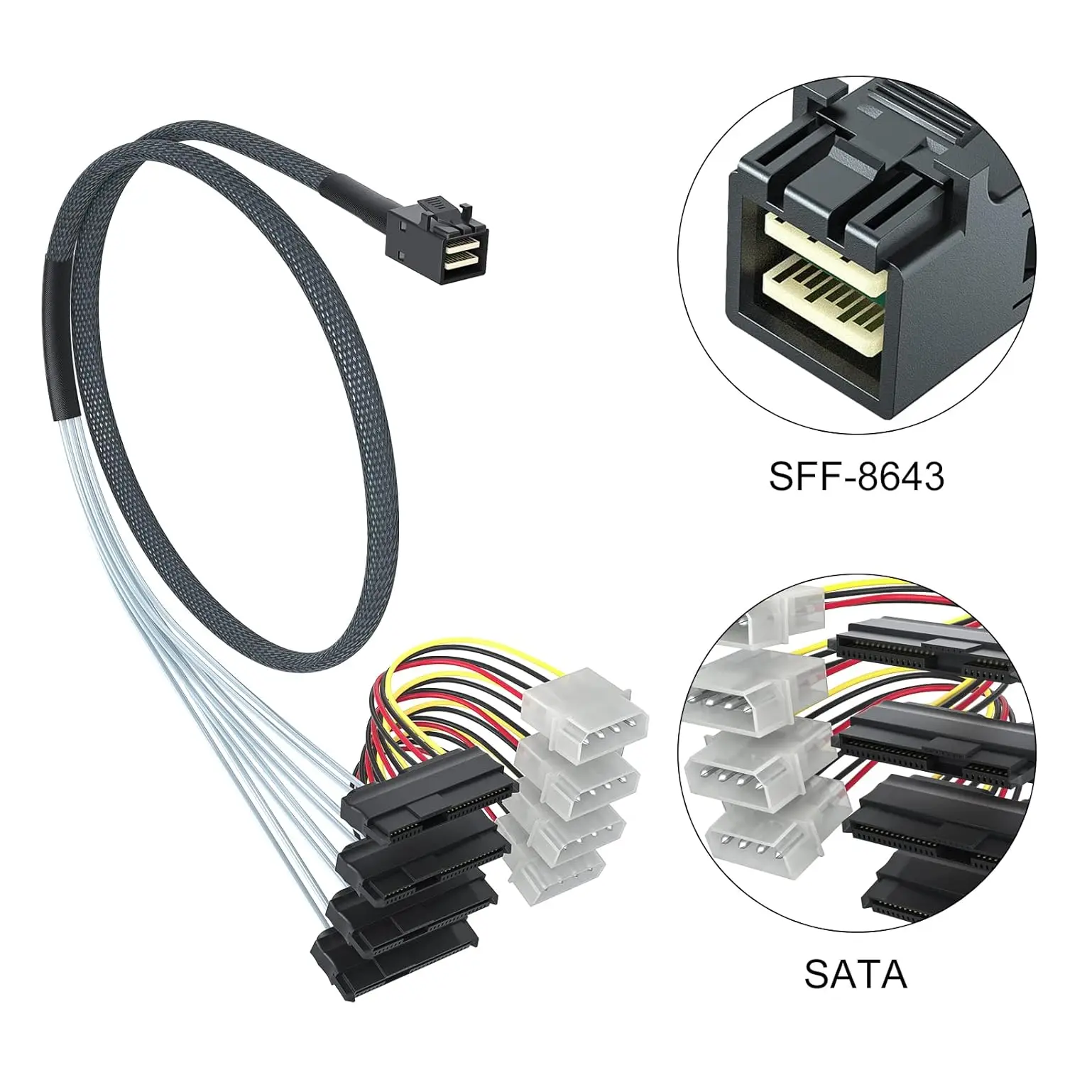 Internal Mini SAS HD SFF-8643 to 4xSFF-8482 Fan-Out SAS Cable with IDE Molex SATA Power for Raid Controller to Hard Drive,12Gb/s