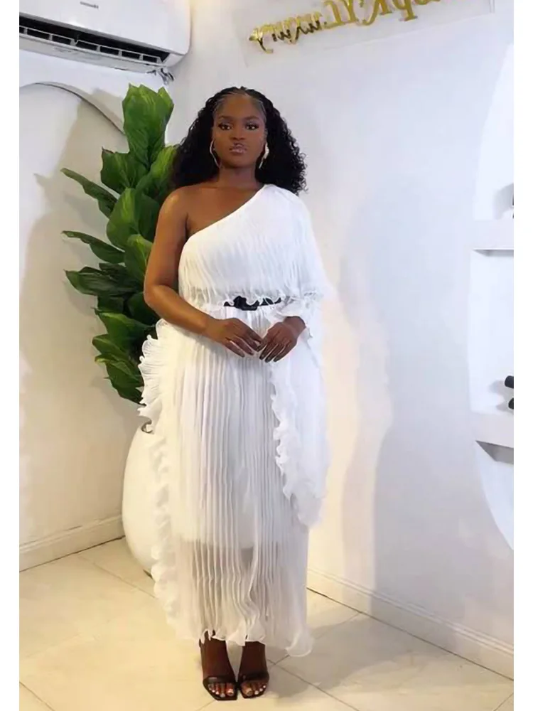 ANLAN مطوي طيات فستان سهرة الراقية مائل الكتف مأدبة حفلة المرأة فساتين طويلة تكدرت الألواح ‌   تصميم مقسم