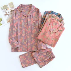 Conjunto de pijama de 2024 algodón para mujer, Set de dos piezas de manga larga con cuello vuelto y flores, para primavera y otoño, novedad de 100%