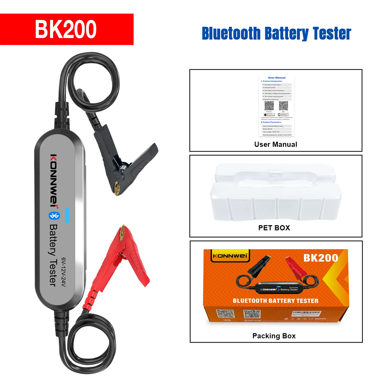 2024 Newest Enhanced Version KONNWEI BK200 Bluetooth 5.0 Car Motorcycle Battery Tester 6V 12V 24 Battery Analyzer pk BK100