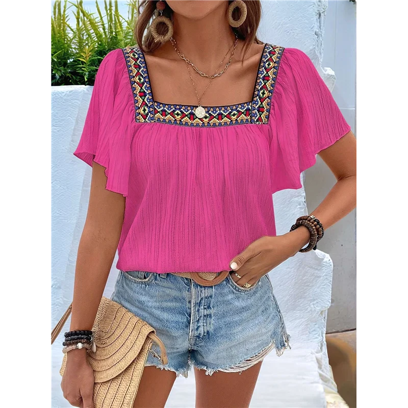 【Party-Decoration】Mexican Shirts For Women Boho Embroidered Short Butterfly Sleeve Square Neck Loose Blouses Tees