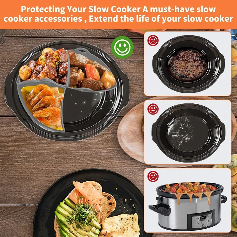 1 PCS Slow Cooker Liners,Reusable 4 Divider Inserts Gray Silica Gel Fits Crock Pot Oval 8 QT Slow Cooking, Leakproof