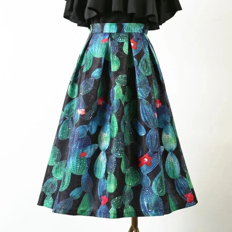 

Green Cactus Print Vintage High Waist Ball Gown A-line Loose Women's Skirt Knee-Length Long Skirts For Women Clothing Fashion