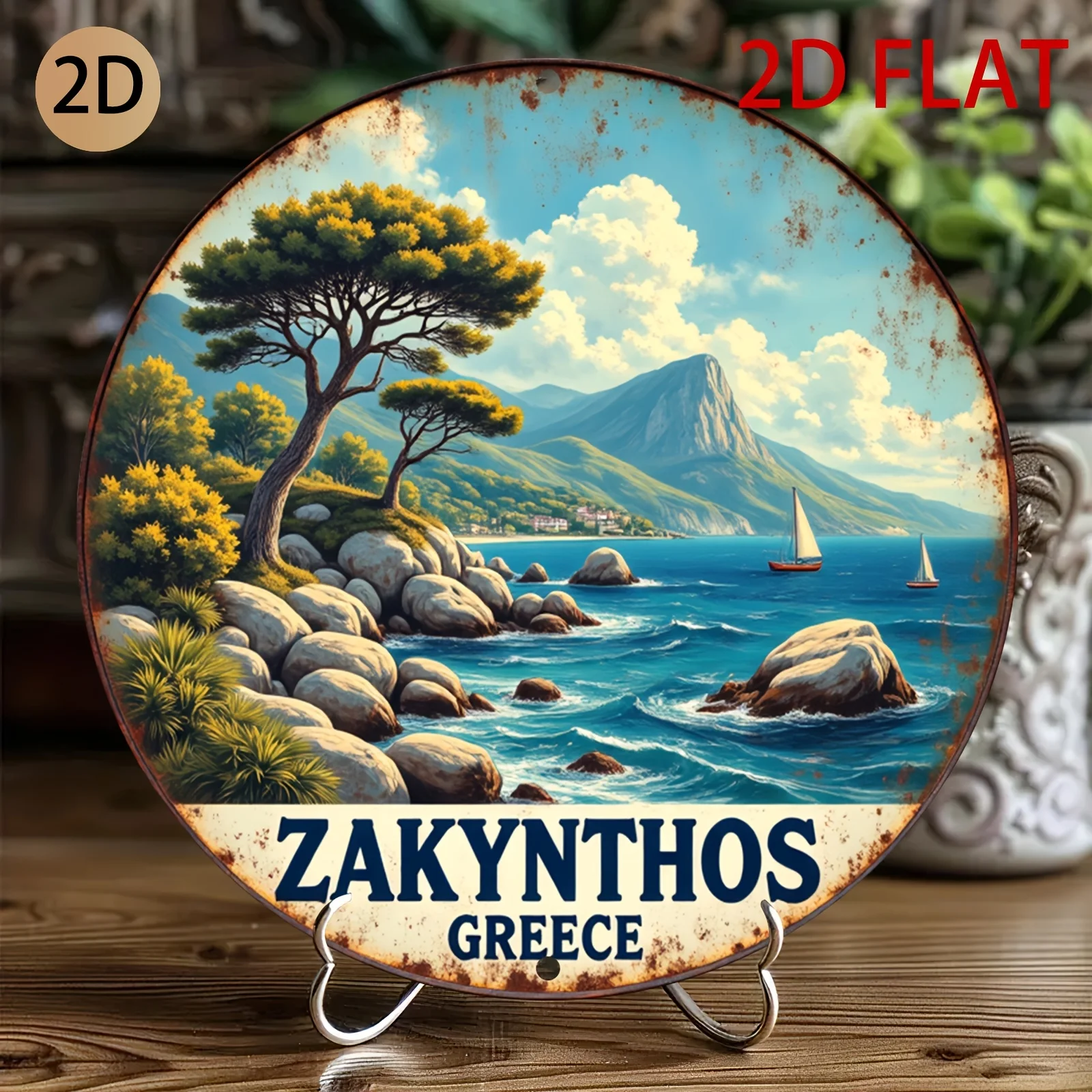 2D Flat, Zakynthos Greece Coastal Scenery Metal Sign - Circular Vintage Aluminum Wall Art with Rustic Greek Island Scene