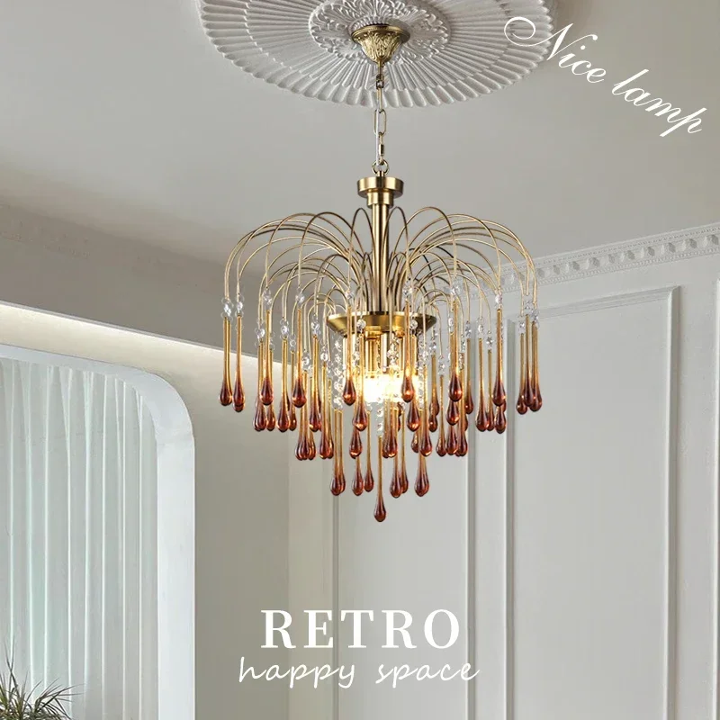 Luminária Pendente Romântica de Cristal Colorido em Formato de Gota para Sala de Estar, Lustre de Cristal Colorido Estilo Retrô Francês Artpad