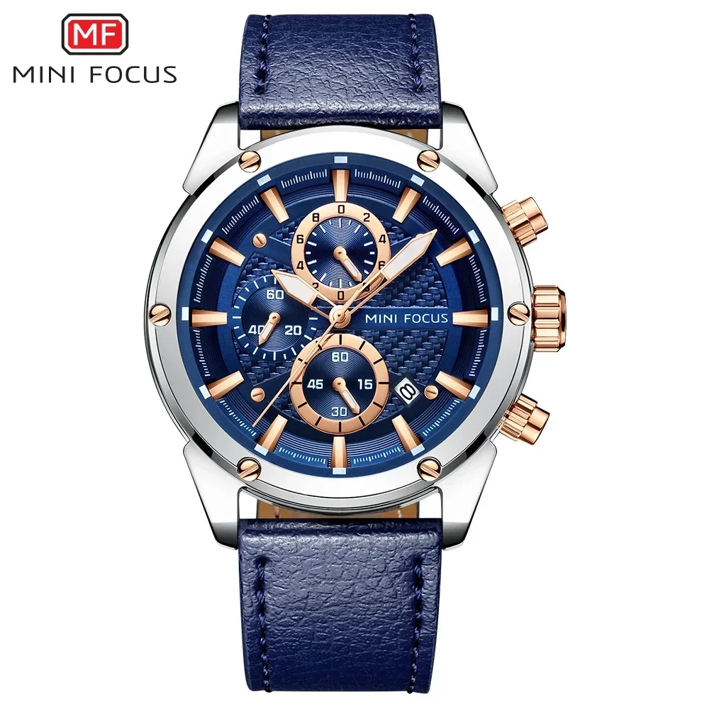 MINI FOCUS Luxury Quartz For Men Waterproof Sport Chronograph Wristwatch Blue Leather Strap Clock Fashion Mens Watches 0161G