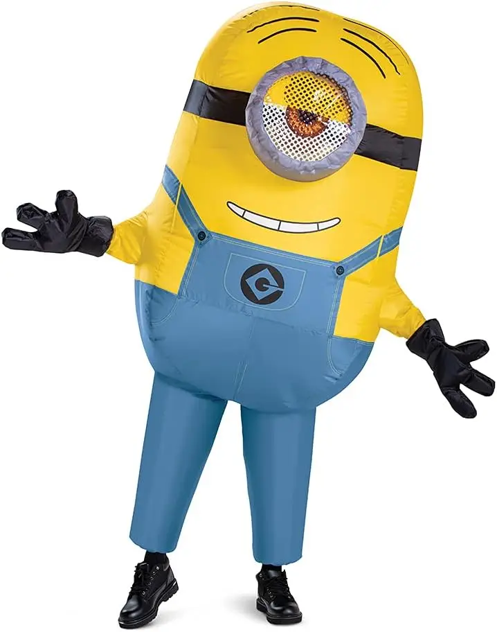 

Inflatable Minion Costume for Adults, Halloween Blow-Up Jumpsuit with Fan, Size 42-46