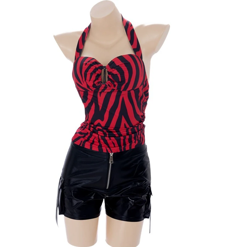 Obsession Nikki Cosplay Costume Zebra Halter Top Faux Leather Cargo Shorts Punk Streetwear Halloween Carnival Disguise Outfits view 5