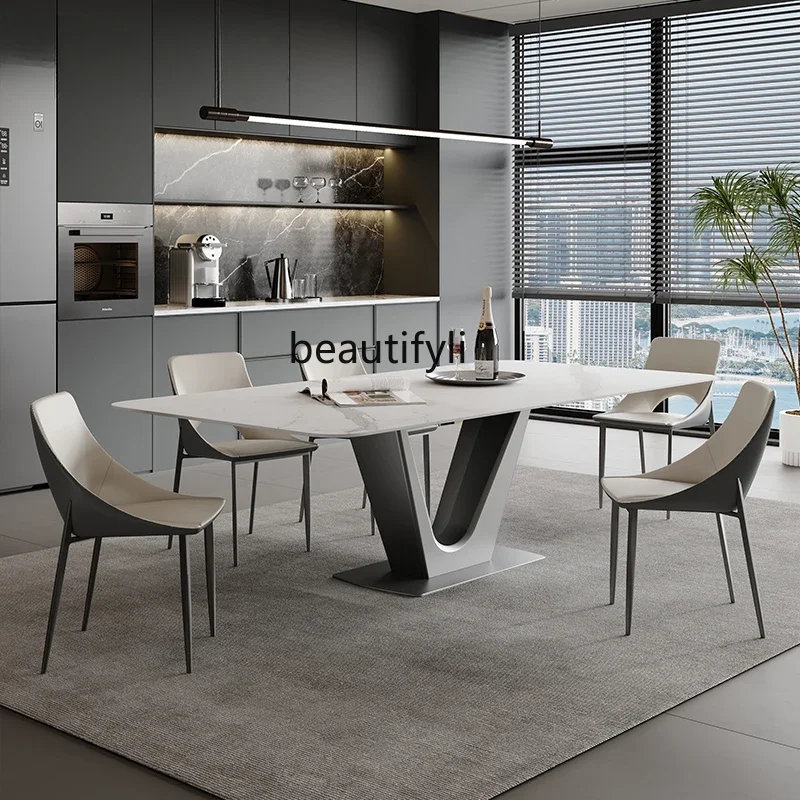 

lxSlate dining table Italian dining room living room table rectangular stainless steel table and chair combination