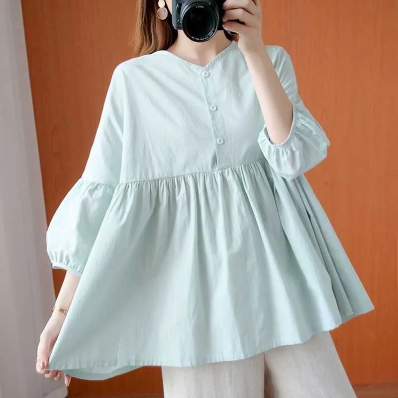 

Fashion V-Neck Loose Solid Color Folds Shirts Women's Clothing 2024 Spring New Oversized Casual Tops Lantern Sleeve Blouses