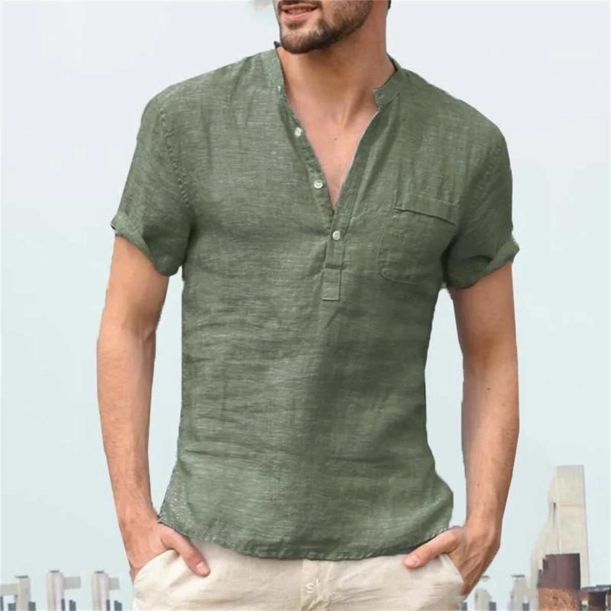 Men's summer casual solid color pocket short sleeve thin pullover shirt