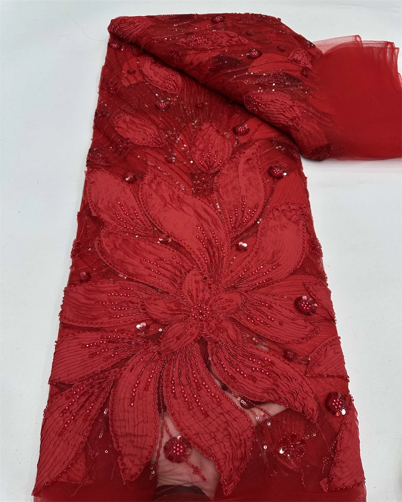 

2025 African Handmade Sequins Net Pearls Lace Fabric French Beaded Tulle Lace Fabric For Bridal Party Dress Material
