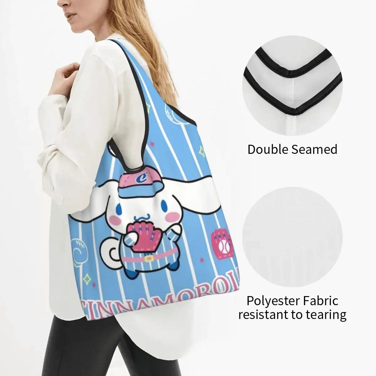 Cinnamoroll Sanrio Cartoon Shopping Bags Women Portable Big Capacity Grocery Yugui Dog Xina Cinnamon Dog Shopper Tote Bags