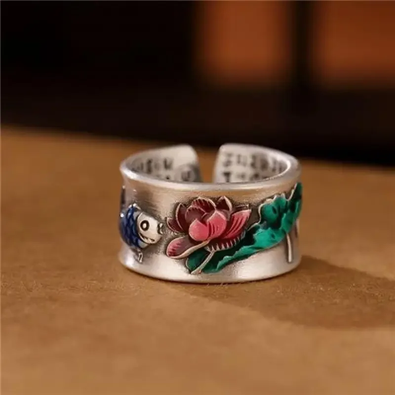 HX New Retro Carp Lotus Heart Sutra Male Female Couple Ring Personalized Ethnic Style Simple Fashion Jewelry