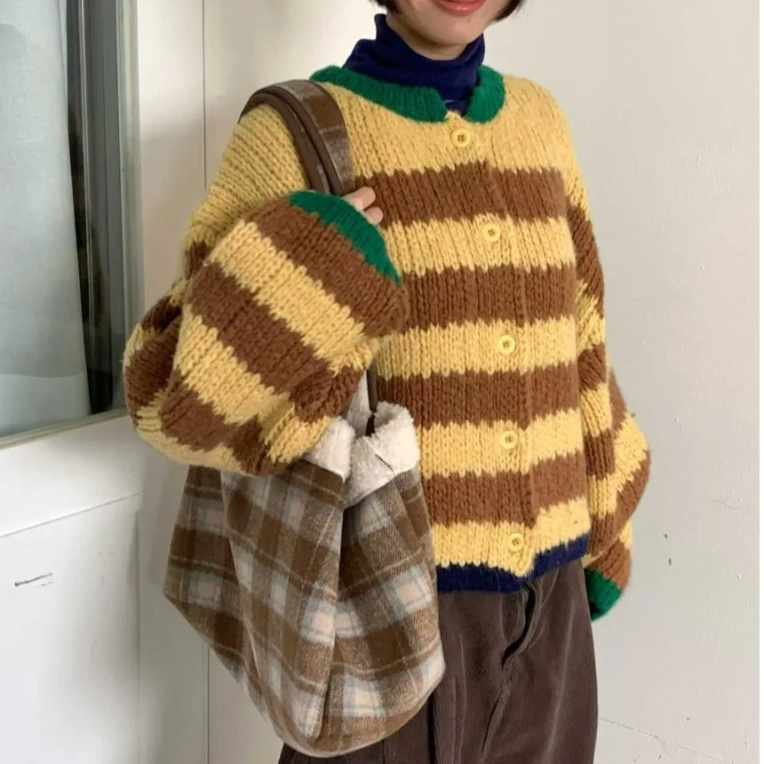 

Women's Knitted Sweater with Button Detail Loose Striped Color Blo Autumn Winter Versatile Open Cardigan Top