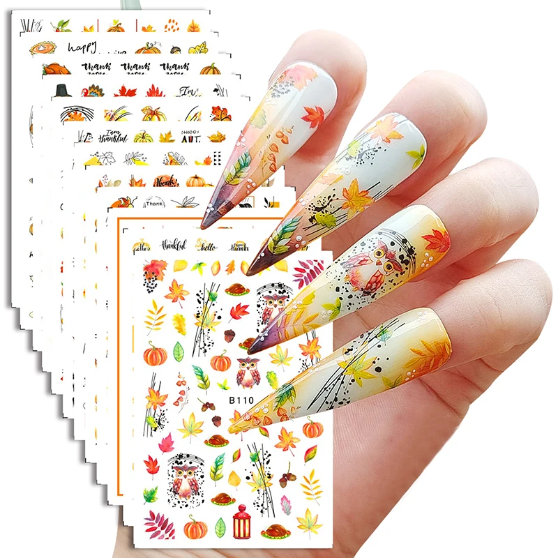 12 Designs Autumn Maple Leaf Nail Stickers Pumpkin Pattern Thanksgiving Nail Art Water Tattoo Decals Manicure Sliders Decoration