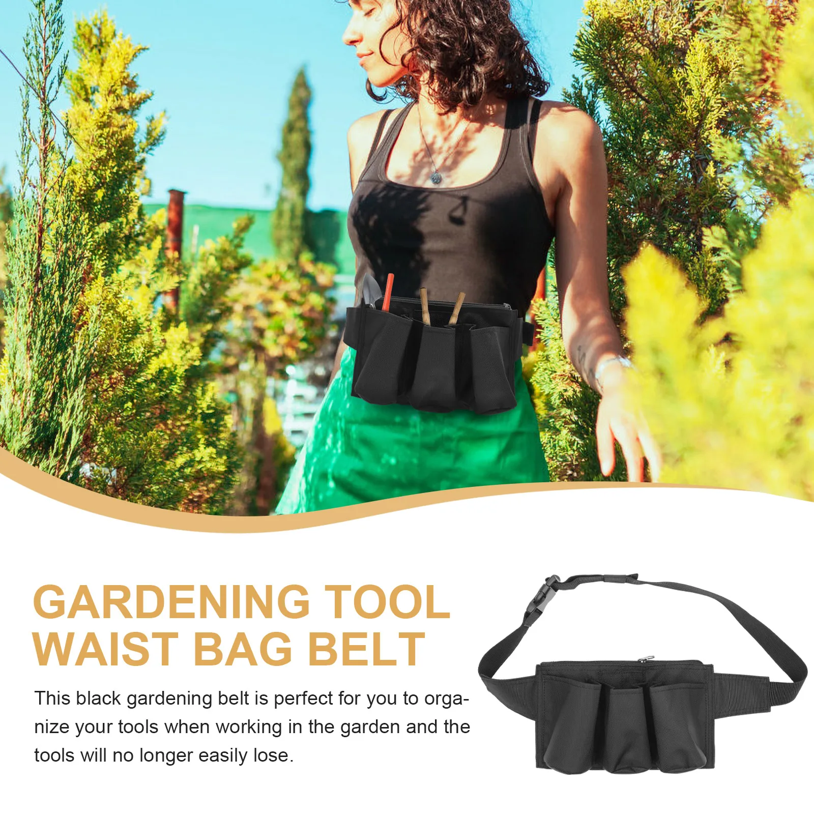 Black Gardening Belt 3 Pockets Lightweight Adjustable Webbing Tool Apron Durable Buckle Hanging Pouch Utility Bag Garden Tools