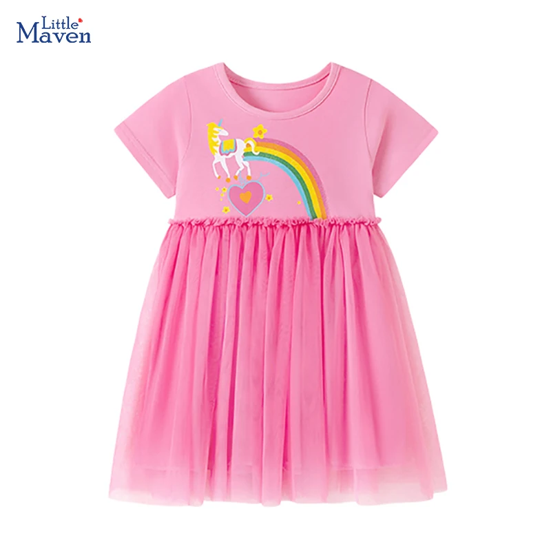 Little Maven 2026 Sommer Kinderkleidung Baby Mädchen Neue Cartoon-Regenbogen Kinderbekleidung Geburtstag Mesh-Kleider 2-7 Jahre