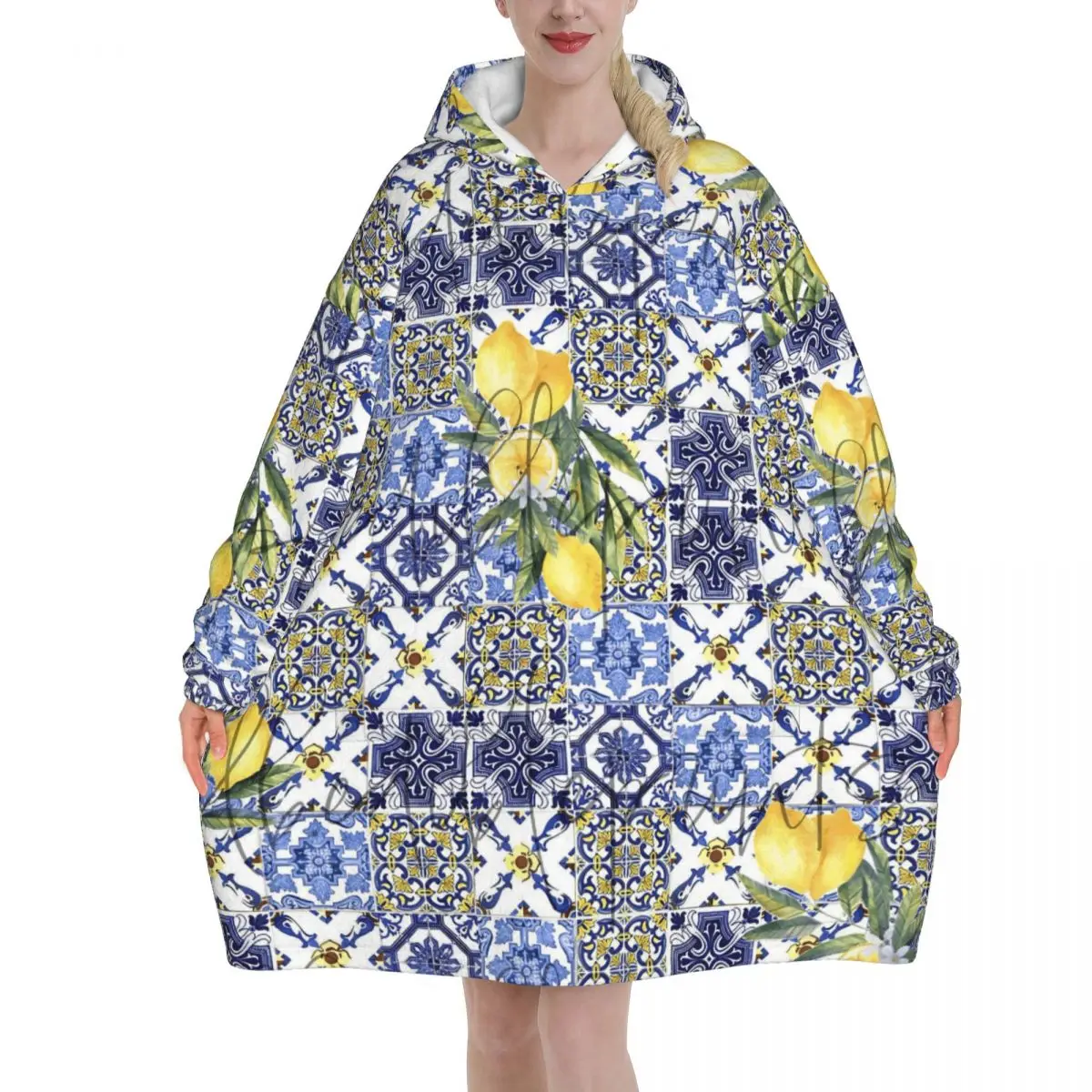 Lemon Sicily Rectangle Blanket Hoodie Wearable Blanket Oversize with Pocket Warm Sleeping Bag Soft Cozy Onesie