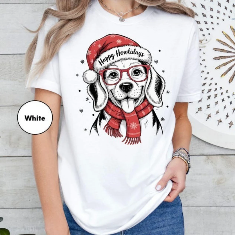 

Christmas Golden Retriever Shirt Happy New Year Dog T-shirt Christmas Lights Tee New Casual Simple Women Short Sleeve Tops