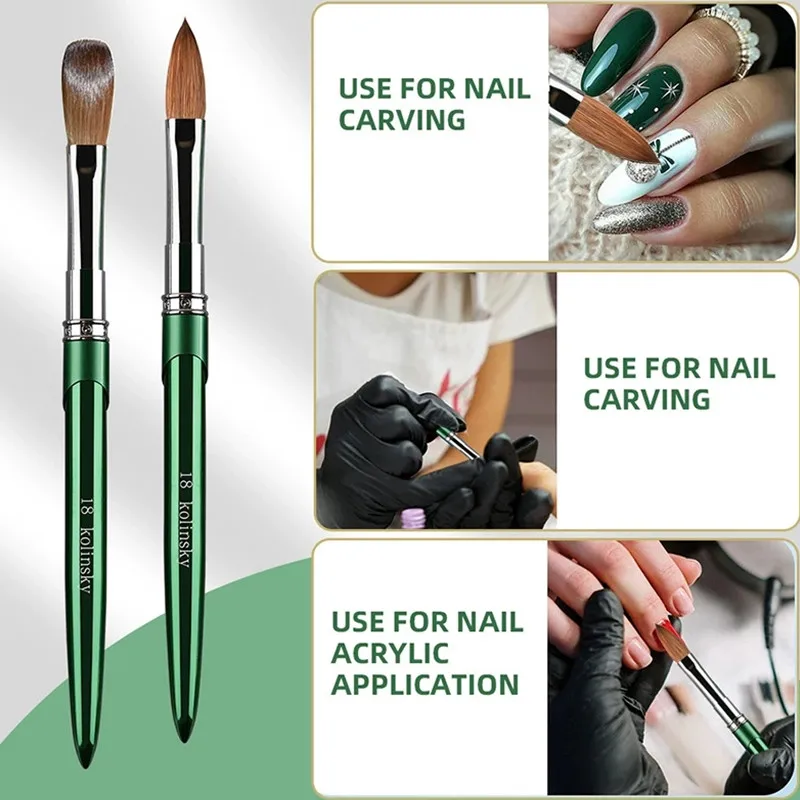 Green Nail Art Brush Kolinsky Nylon Hair Brushes Gel UV Polish Manicure Tools Carving Drawing Painting Nail Powder Pens