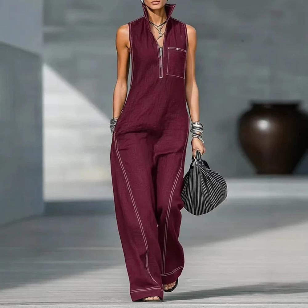 Women Linen Blend Faux Denim Jumpsuit Casual Sleeveless Stand Collar White Stitching Wide Leg Casual Romper With Pocket Jumpsuit