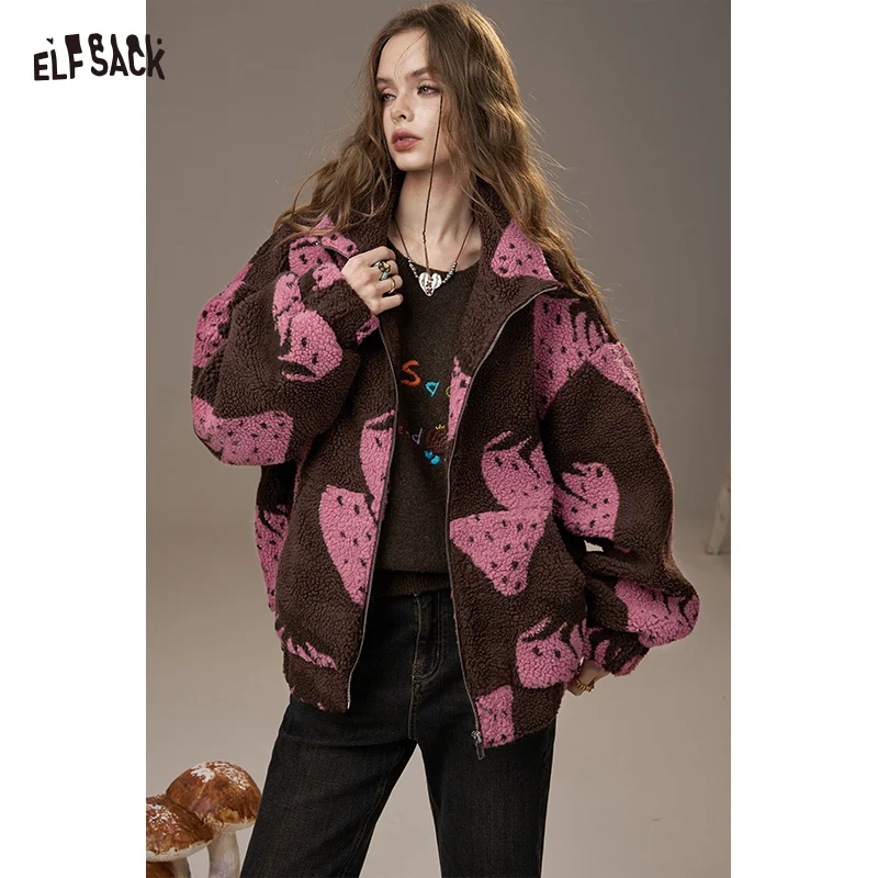 

ELFSACK 2025 Winter New Arrivals Casual Cute Strawberry Print Hooded Zip Up Wool Blend Coat For Woman