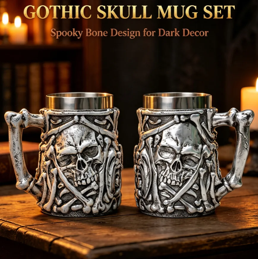 3D Retro Gothic Skull Mug Resin Stainless Steel Inner Beer Mugs 600ML Tankard Wine Glass Skeleton Coffee Cup Halloween Gift