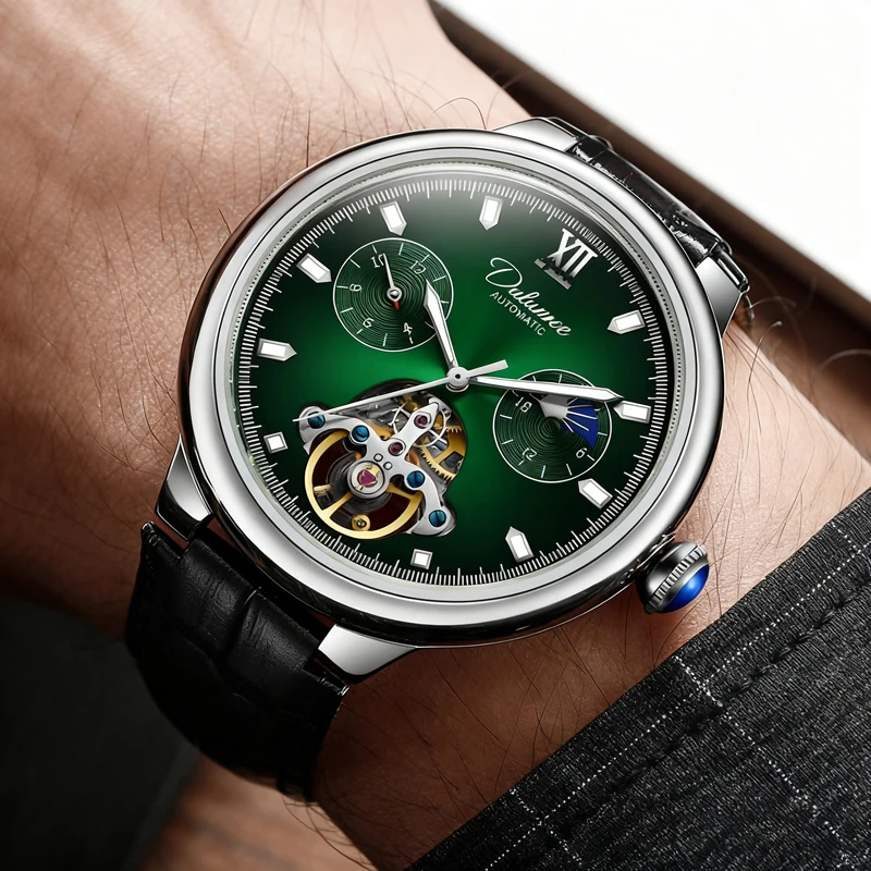 

Лучший бренд, роскошные механические мужские часы с фазой Луны, модные кожаные повседневные деловые часы, водонепроницаемые автоматические часы с турбийоном
