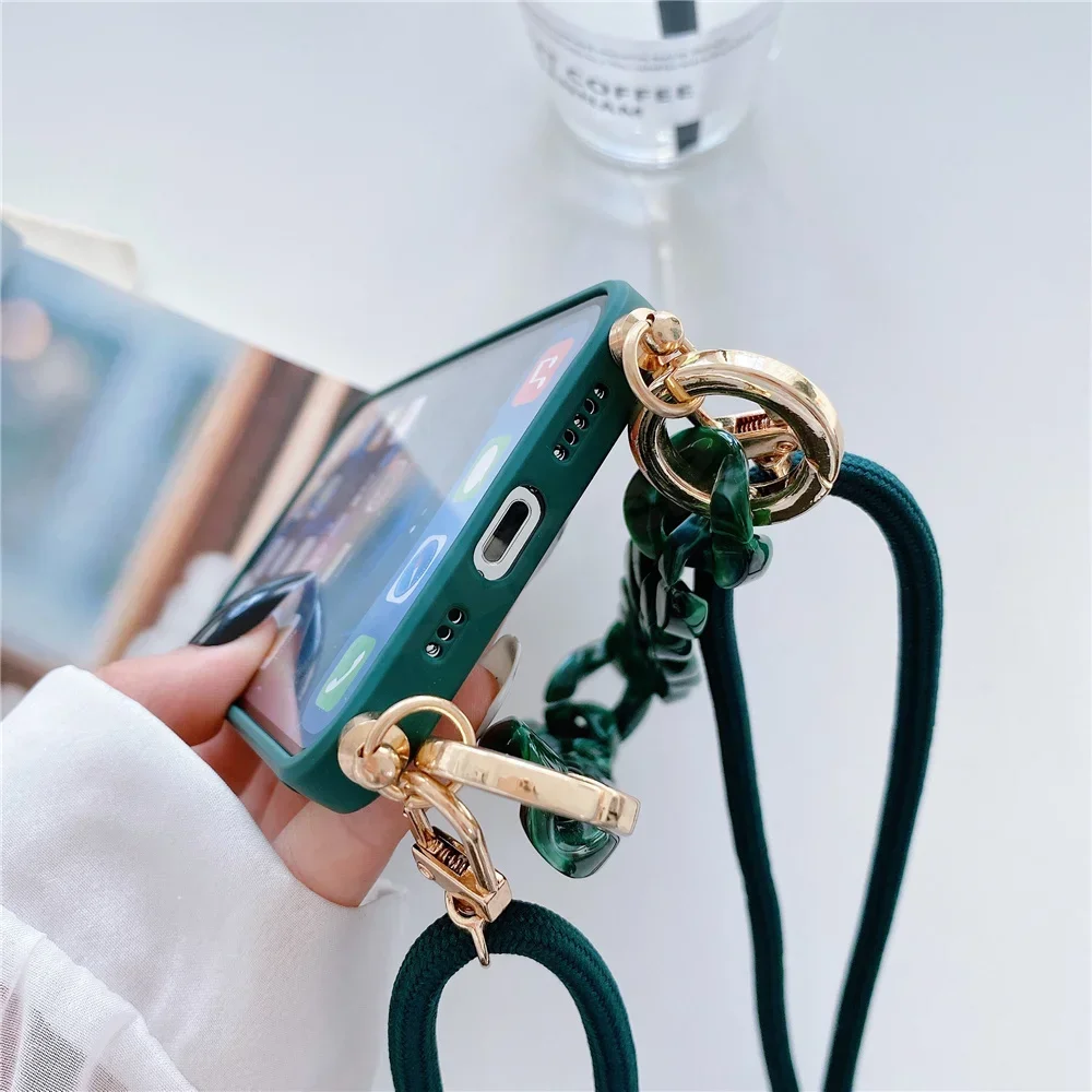 Luxury Marble Agate Chain Crossbody Lanyard Phone Case for IPhone 14 15 Plus 13 12 11 Pro Max X XS XR Max Liquid Silicone Cover