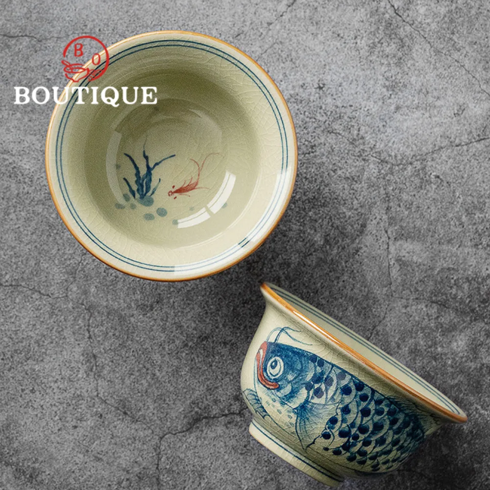 100ml Hand-painted Golden Dragon Fish Ceramic Pressure Hand Cup Handmade Old Pottery Clay Master Cup Personal Tea Bowl Teaware