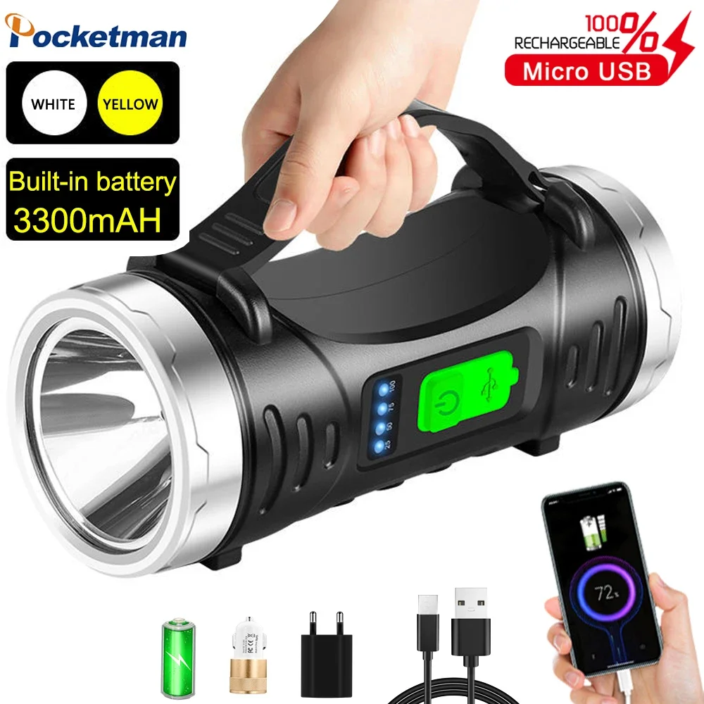 

Super Bright LED Flashlight Work Light USB Rechargeable Camping Lantern High Lumen Searchlight Torch Waterproof Spotlight