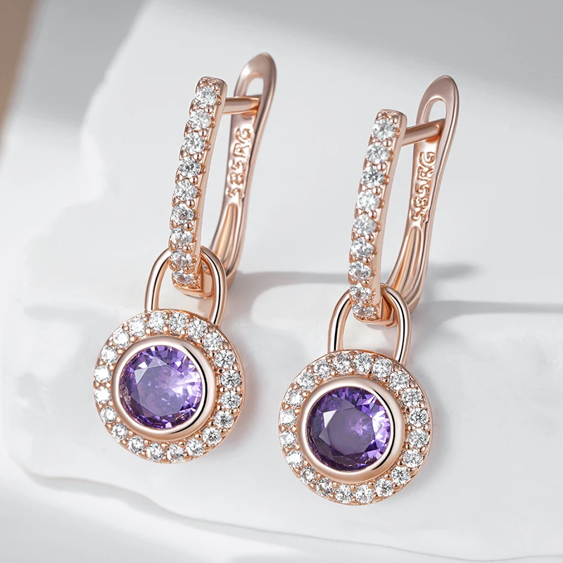Kinel Sparkling Purple Round Natural Zircon Drop Earrings for Women Fashion 585 Rose Gold Color Vintage Party Daily Jewelry