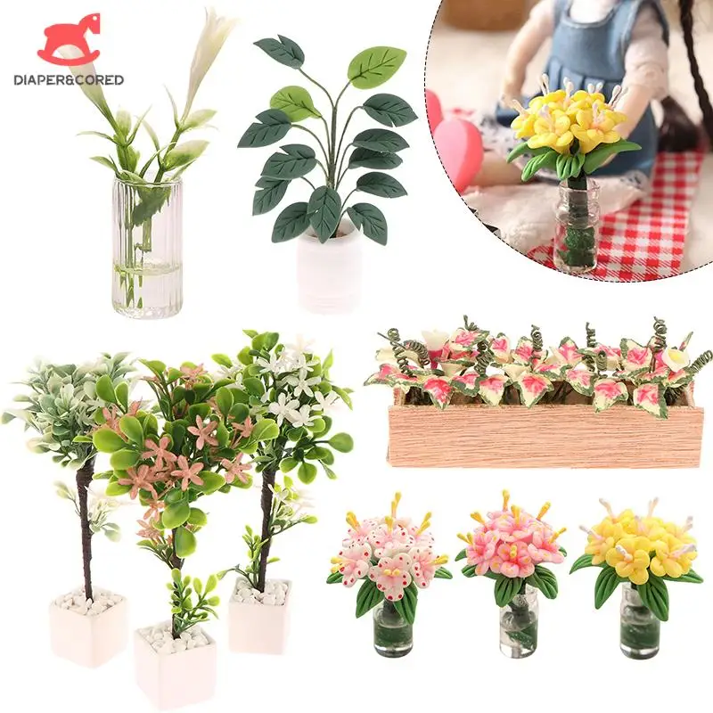 

1:12 Dollhouse Miniature Tree Potted Plant Green Leaf Plant Flowers Pot Bonsai Garden Home Decor Doll House Accessories