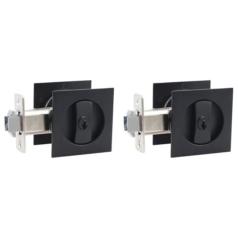 2X Pocket Door Lock Black Door Hardware Lock Contemporary Privacy Square Door Lock Sliding With Keys-Y41A