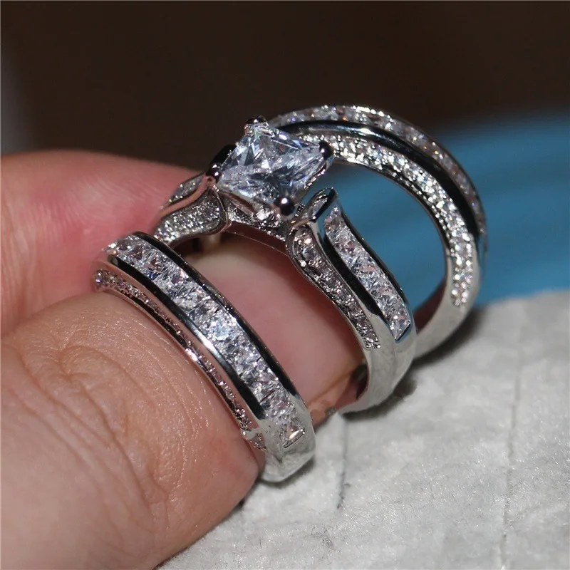 Cute Female Big Zircon Ring Set Crystal Silver Color Yellow Gold Bridal Wedding Jewelry For Women