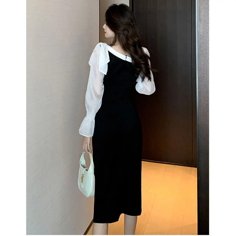 Autumn Vintage Party Black Dresses Women Korean Elegant Chic Diagonal Collar Office Lady Long Sleeve Patchwork Bow Midi Dress