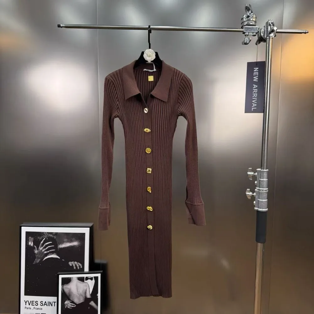 Vestidos largos de estilo Retro francés de CHICEVER para mujer con solapa de manga larga con botones de retazos Delgado elegante vestido de punto nuevo para mujer