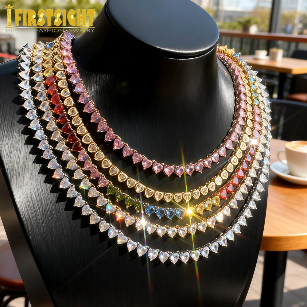 

Iced Out Bling CZ Циркон 6 мм Теннисная цепочка Сердце Очарование Ожерелье Золото Серебро Цвет CZ Сердца Колье Женщины Хип-Хоп Модные украшения