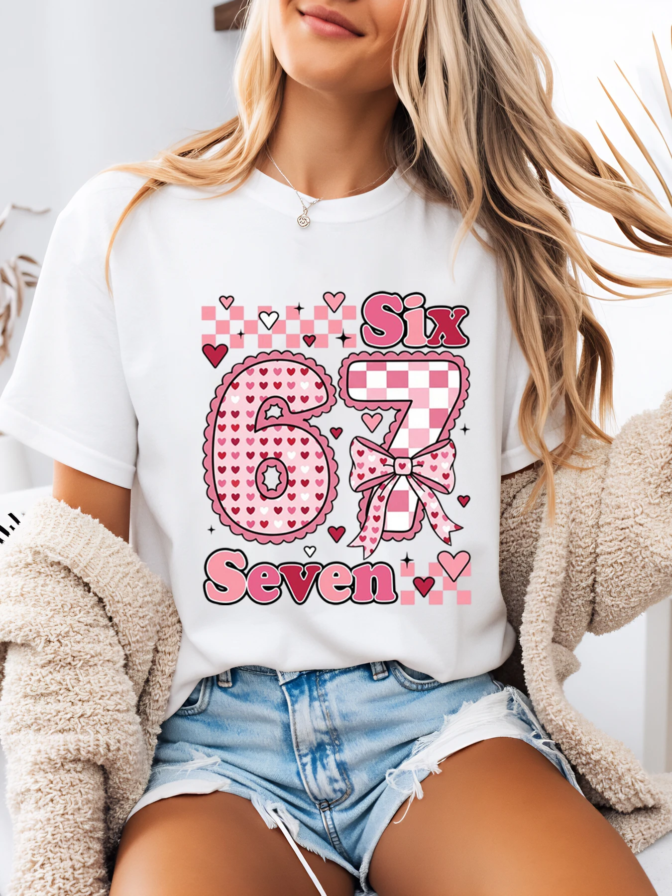 

Heart Checkered Six Seven Print t Shirt Valentine's Day Women Casual Wear White Plus-Size