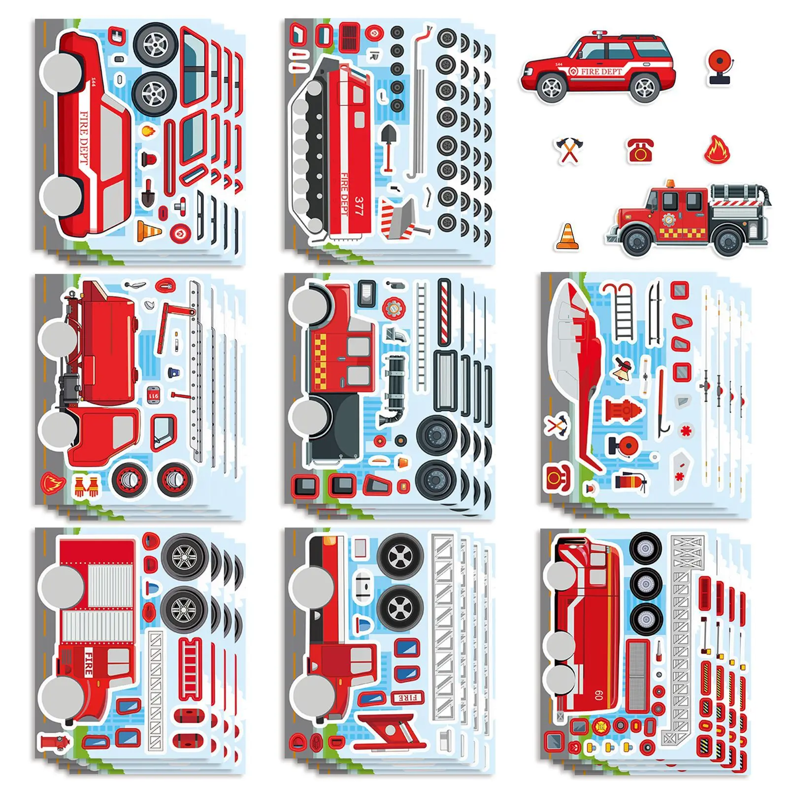8Sheets Engineering Rescue Vehicle Make a Face Puzzle Stickers Decoration Luggage Phone Guitar Scraphbook Waterproof Stickers