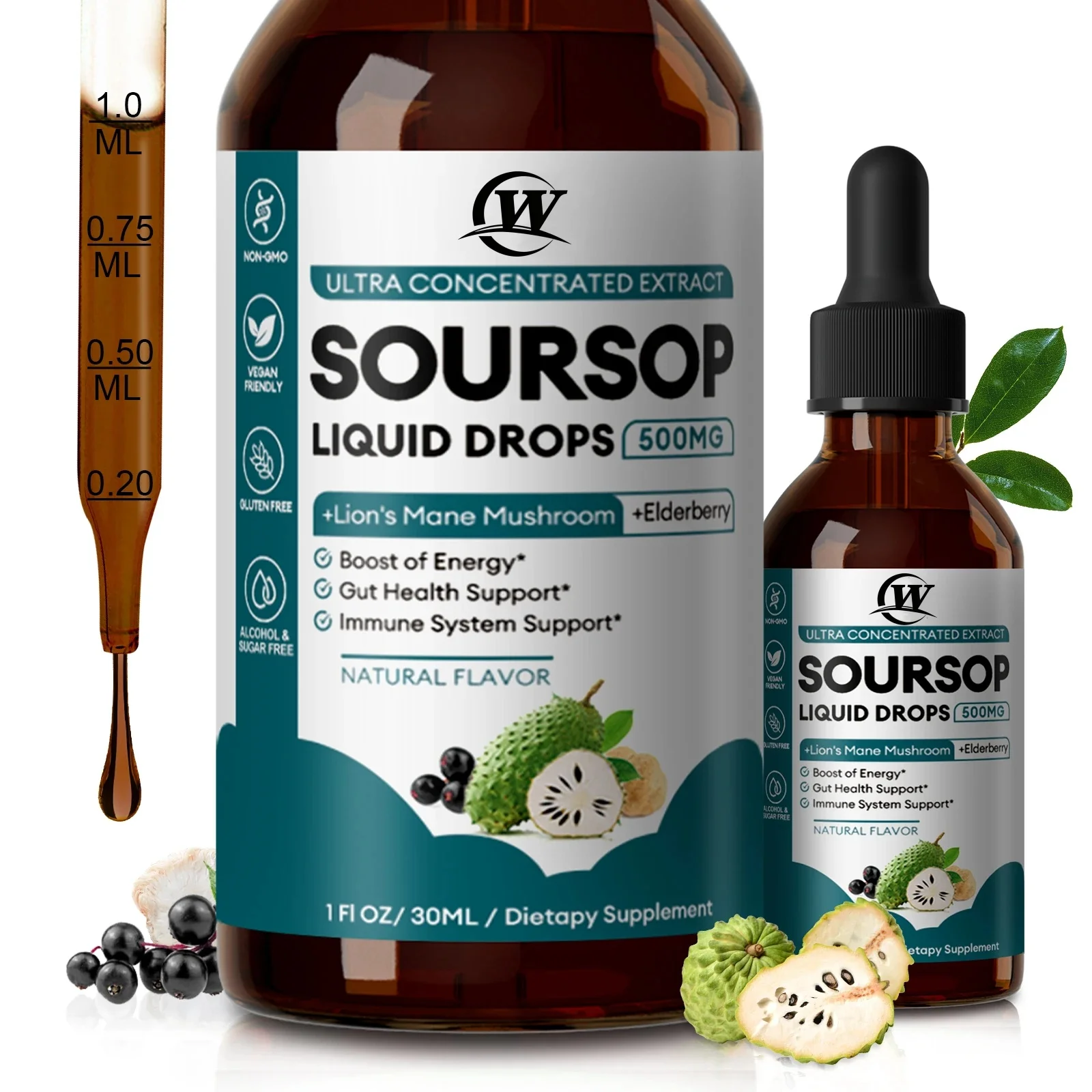 Gotas de Soursop orgánicas de fuerza, Hoja de Guanabana para refuerzo inmunológico y regeneración celular fuerte, salud intestinal, sin OGM
