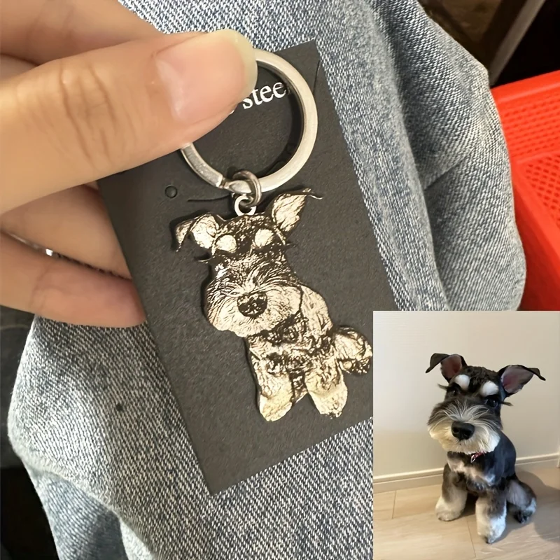 Vintage Pet Photo Keychain, Custom Dog Portrait Stainless Steel Keyring, Cute Pet Pendant, Suitable for Car Keys or Backpacks