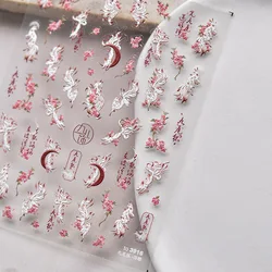 5D Relief Bewitching White Fairy 9-Tails Fox Pink Florets Red Moon Adhesive Nail Art Stickers Decals Manicure Retro Ornaments