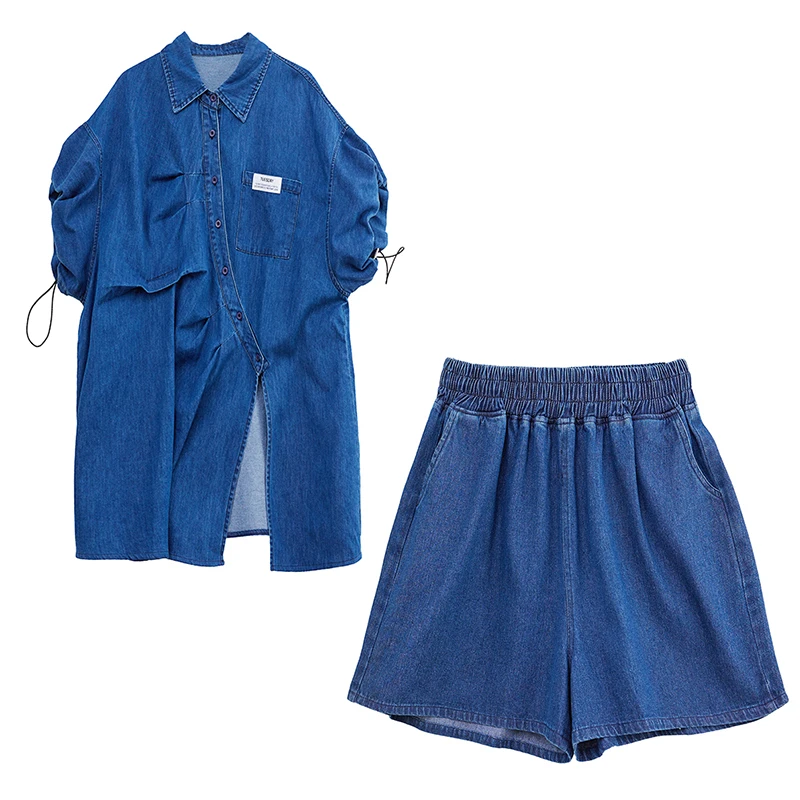 طقم دينم نسائي فضفاض مع قميص وشورت بدلة مكونة من قطعتين لتصميم التخسيس مقاوم للعمر مقاس كبير موضة الصيف